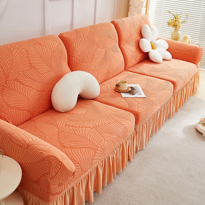91家纺网 家纺一手货源 找家纺 丝绮鹿 2025新款雕花绒大叶子沙发套裙边款（直排） 橙色