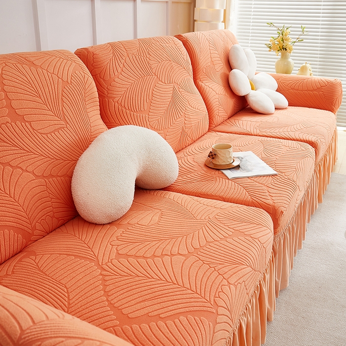 91家纺网 家纺一手货源 找家纺 丝绮鹿 2025新款雕花绒大叶子沙发套裙边款（直排） 橙色