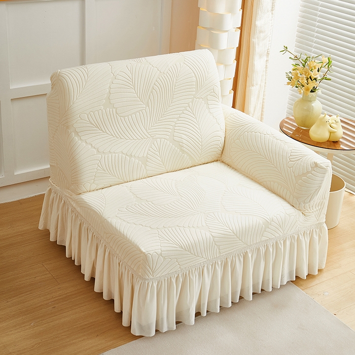 91家纺网 家纺一手货源 找家纺 丝绮鹿 2025新款雕花绒大叶子沙发套裙边款（直排） 米白