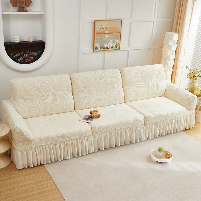 91家纺网 家纺一手货源 找家纺 丝绮鹿 2025新款雕花绒大叶子沙发套裙边款（直排） 米白