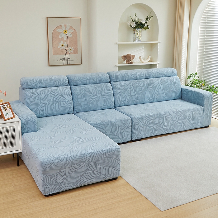 91家纺网 家纺一手货源 找家纺 丝绮鹿 2025新款雕花绒大叶子沙发套松紧款（贵妃图） 雾霾蓝