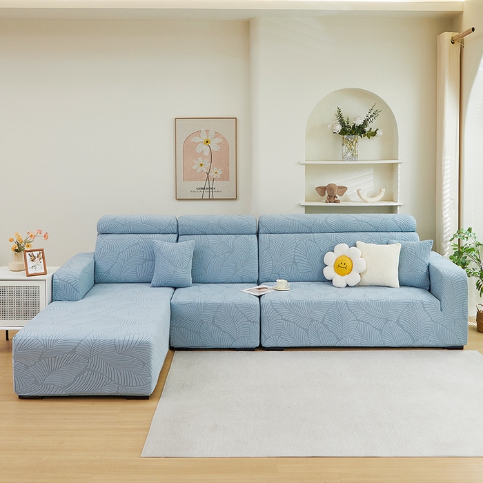 91家纺网 家纺一手货源 找家纺 丝绮鹿 2025新款雕花绒大叶子沙发套松紧款（贵妃图） 雾霾蓝