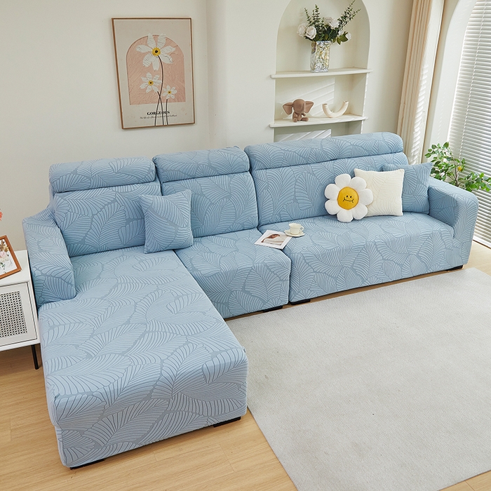 91家纺网 家纺一手货源 找家纺 丝绮鹿 2025新款雕花绒大叶子沙发套松紧款（贵妃图） 雾霾蓝