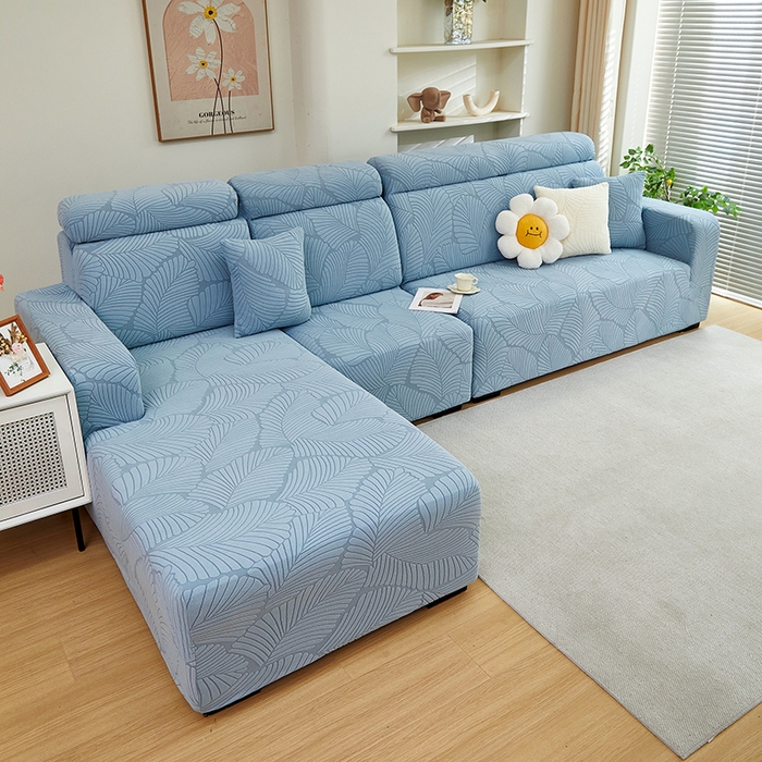 91家纺网 家纺一手货源 找家纺 丝绮鹿 2025新款雕花绒大叶子沙发套松紧款（贵妃图） 雾霾蓝
