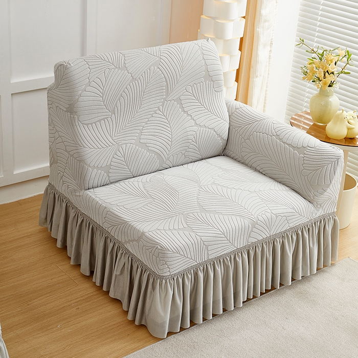 91家纺网 家纺一手货源 找家纺 丝绮鹿 2025新款雕花绒大叶子沙发套裙边款（直排） 浅灰