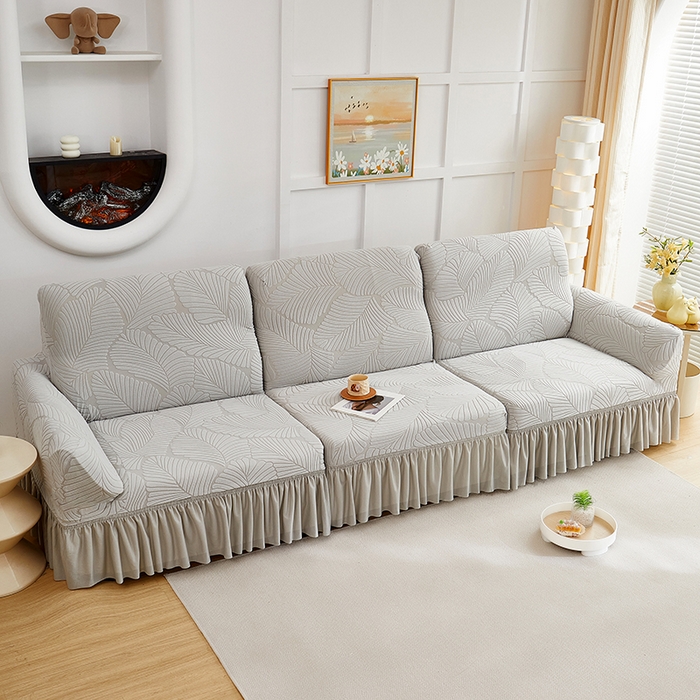 91家纺网 家纺一手货源 找家纺 丝绮鹿 2025新款雕花绒大叶子沙发套裙边款（直排） 浅灰