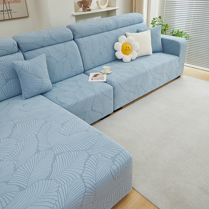 91家纺网 家纺一手货源 找家纺 丝绮鹿 2025新款雕花绒大叶子沙发套松紧款（贵妃图） 雾霾蓝
