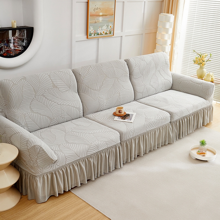 91家纺网 家纺一手货源 找家纺 丝绮鹿 2025新款雕花绒大叶子沙发套裙边款（直排） 浅灰