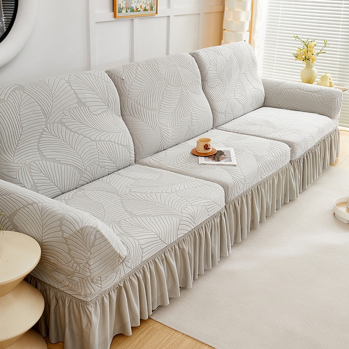 91家纺网 家纺一手货源 找家纺 丝绮鹿 2025新款雕花绒大叶子沙发套裙边款（直排） 浅灰