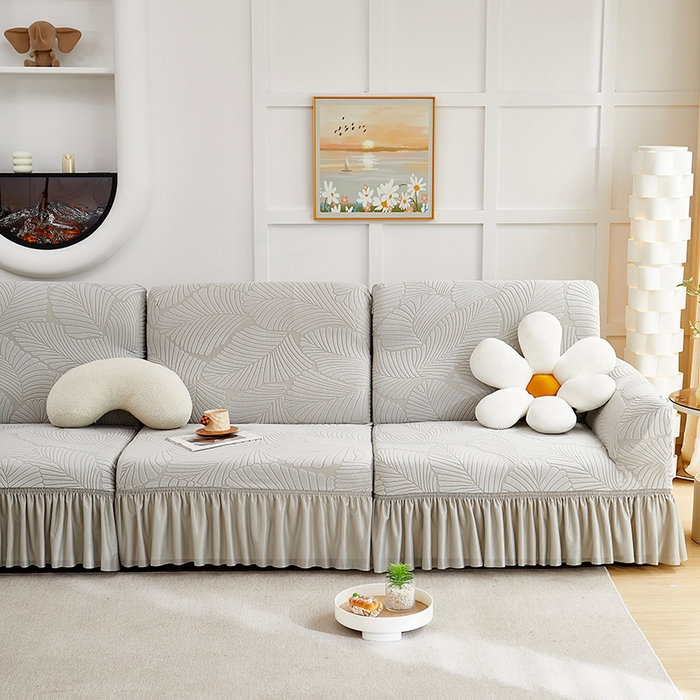 91家纺网 家纺一手货源 找家纺 丝绮鹿 2025新款雕花绒大叶子沙发套裙边款（直排） 浅灰