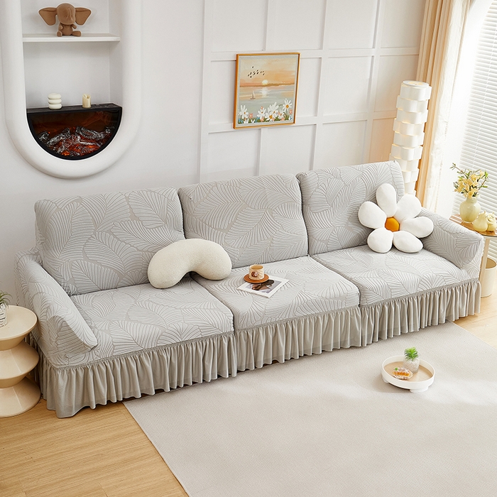 91家纺网 家纺一手货源 找家纺 丝绮鹿 2025新款雕花绒大叶子沙发套裙边款（直排） 浅灰