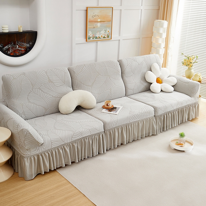 91家纺网 家纺一手货源 找家纺 丝绮鹿 2025新款雕花绒大叶子沙发套裙边款（直排） 浅灰