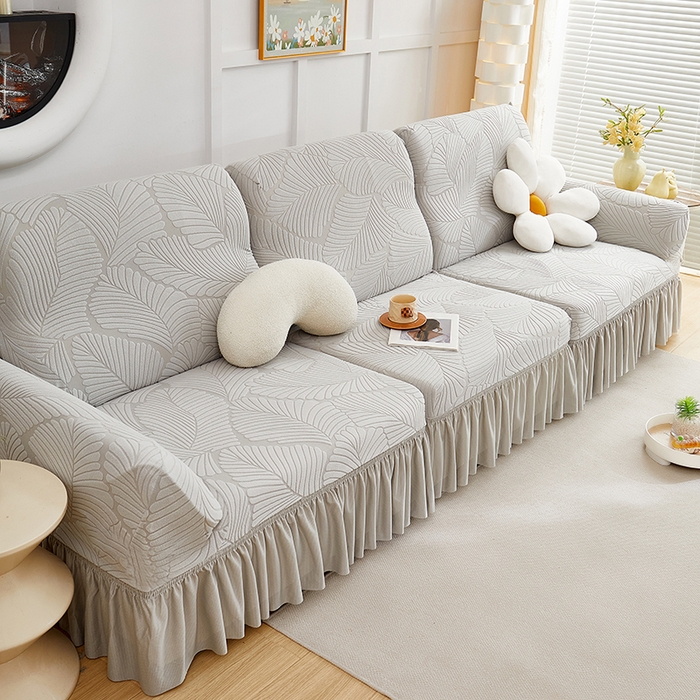 91家纺网 家纺一手货源 找家纺 丝绮鹿 2025新款雕花绒大叶子沙发套裙边款（直排） 浅灰