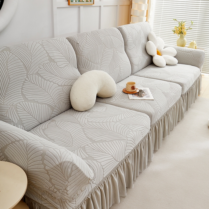 91家纺网 家纺一手货源 找家纺 丝绮鹿 2025新款雕花绒大叶子沙发套裙边款（直排） 浅灰