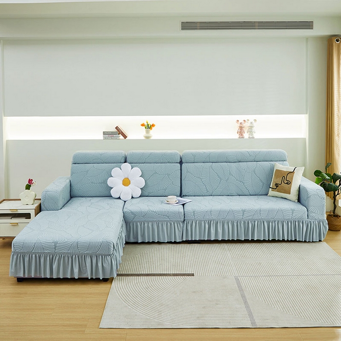 91家纺网 家纺一手货源 找家纺 丝绮鹿 2025新款雕花绒大叶子沙发套裙边款（贵妃图） 大叶子雾霾蓝
