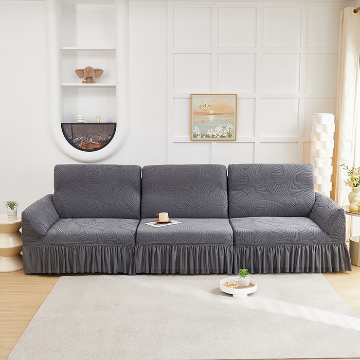 丝绮鹿 2025新款雕花绒大叶子沙发套裙边款（直排） 深灰