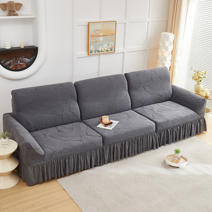 91家纺网 家纺一手货源 找家纺 丝绮鹿 2025新款雕花绒大叶子沙发套裙边款（直排） 深灰