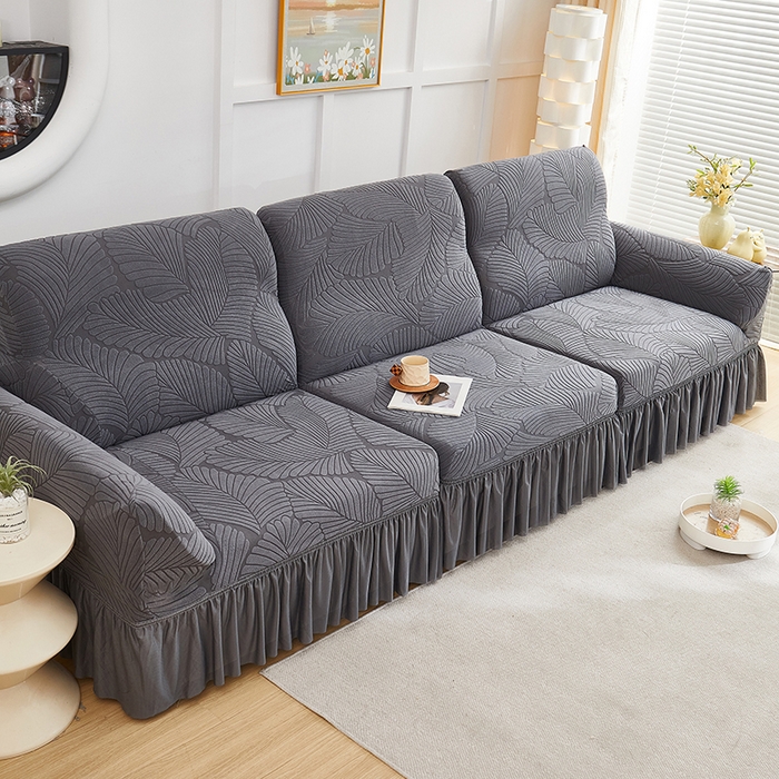 91家纺网 家纺一手货源 找家纺 丝绮鹿 2025新款雕花绒大叶子沙发套裙边款（直排） 深灰