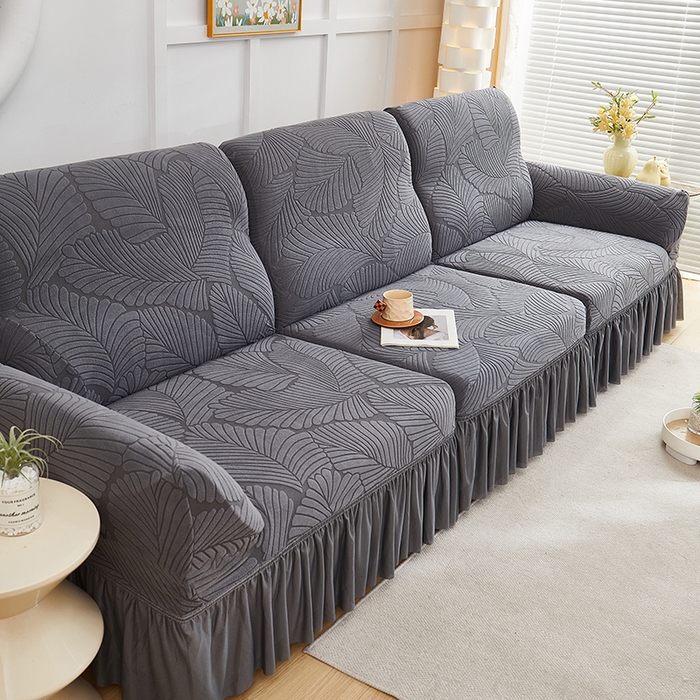 91家纺网 家纺一手货源 找家纺 丝绮鹿 2025新款雕花绒大叶子沙发套裙边款（直排） 深灰