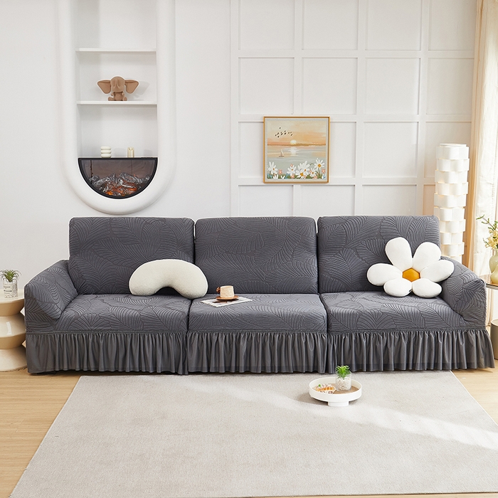 91家纺网 家纺一手货源 找家纺 丝绮鹿 2025新款雕花绒大叶子沙发套裙边款（直排） 深灰