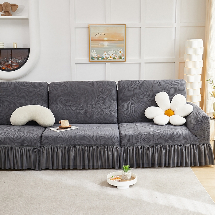 91家纺网 家纺一手货源 找家纺 丝绮鹿 2025新款雕花绒大叶子沙发套裙边款（直排） 深灰