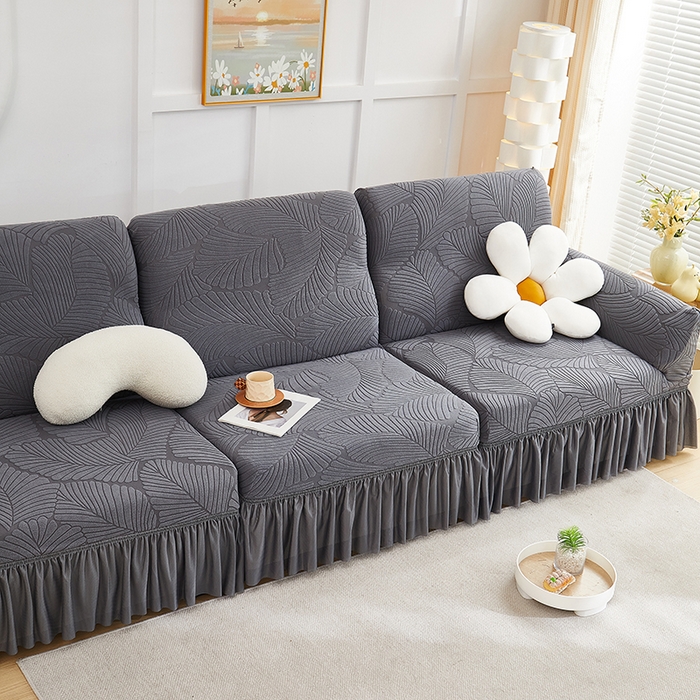 91家纺网 家纺一手货源 找家纺 丝绮鹿 2025新款雕花绒大叶子沙发套裙边款（直排） 深灰