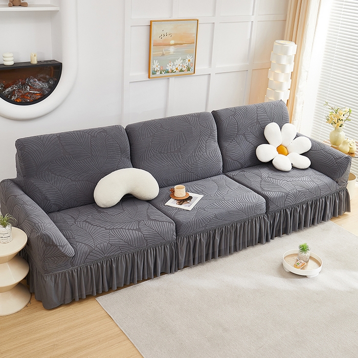 91家纺网 家纺一手货源 找家纺 丝绮鹿 2025新款雕花绒大叶子沙发套裙边款（直排） 深灰