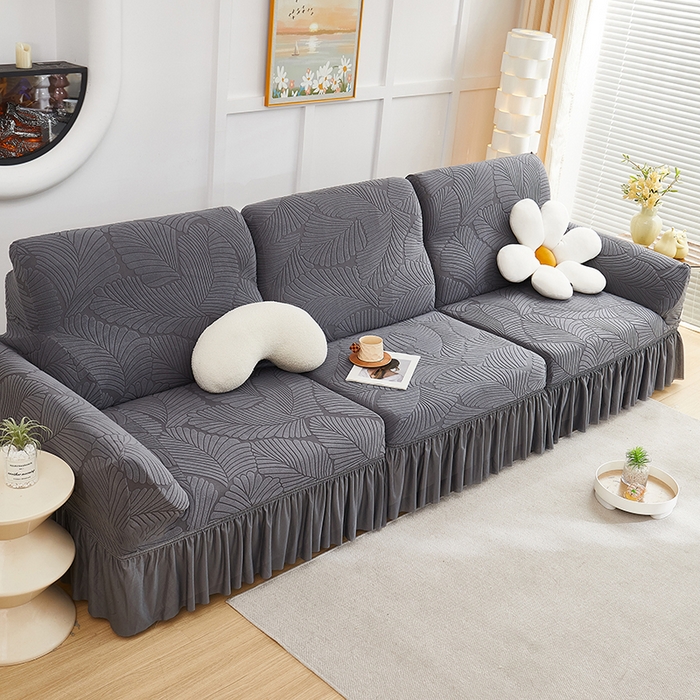 91家纺网 家纺一手货源 找家纺 丝绮鹿 2025新款雕花绒大叶子沙发套裙边款（直排） 深灰