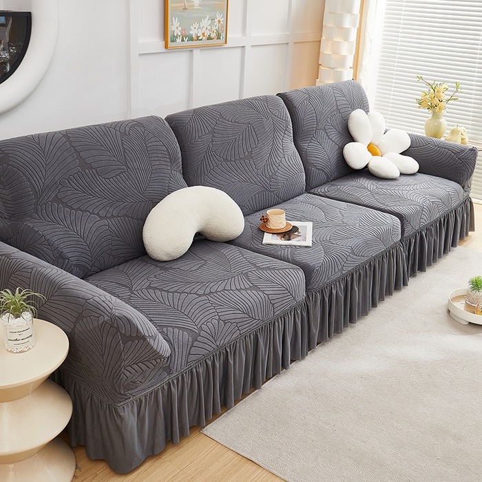 91家纺网 家纺一手货源 找家纺 丝绮鹿 2025新款雕花绒大叶子沙发套裙边款（直排） 深灰