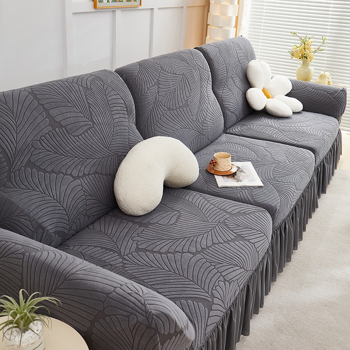 91家纺网 家纺一手货源 找家纺 丝绮鹿 2025新款雕花绒大叶子沙发套裙边款（直排） 深灰