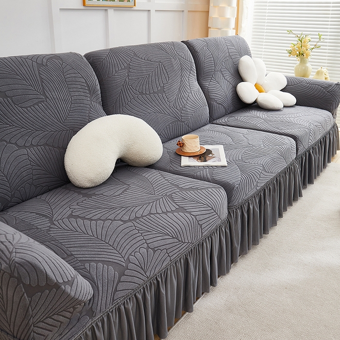91家纺网 家纺一手货源 找家纺 丝绮鹿 2025新款雕花绒大叶子沙发套裙边款（直排） 深灰