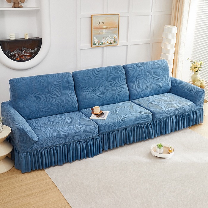 91家纺网 家纺一手货源 找家纺 丝绮鹿 2025新款雕花绒大叶子沙发套裙边款（直排） 水蓝