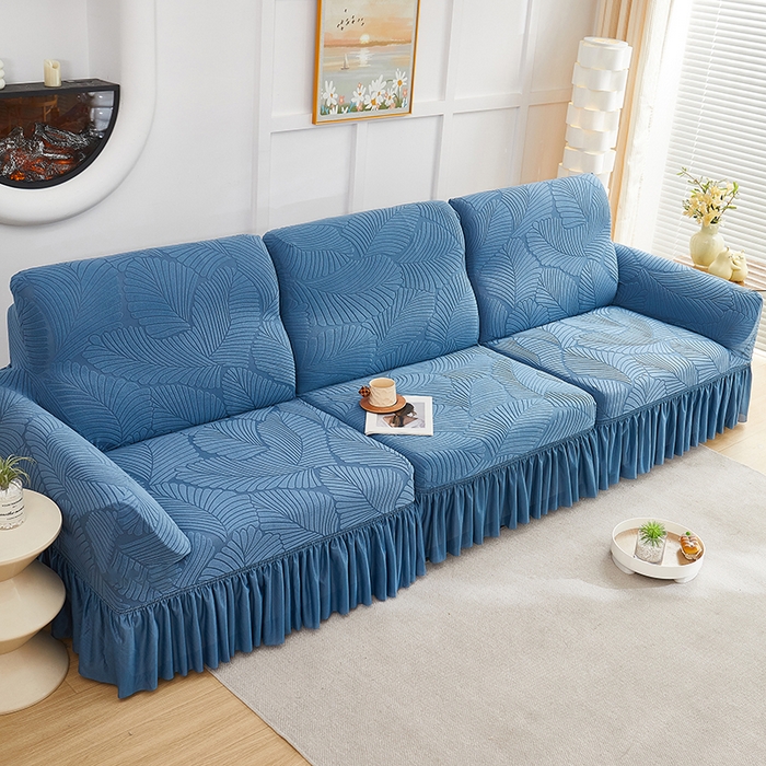 91家纺网 家纺一手货源 找家纺 丝绮鹿 2025新款雕花绒大叶子沙发套裙边款（直排） 水蓝