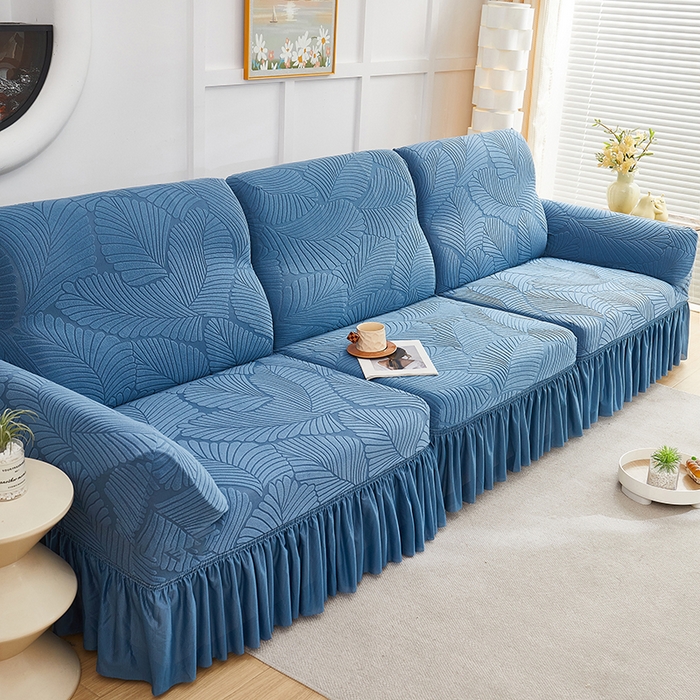 91家纺网 家纺一手货源 找家纺 丝绮鹿 2025新款雕花绒大叶子沙发套裙边款（直排） 水蓝