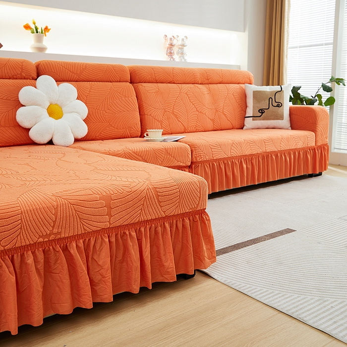 91家纺网 家纺一手货源 找家纺 丝绮鹿 2025新款雕花绒大叶子沙发套裙边款（贵妃图） 大叶子橙色