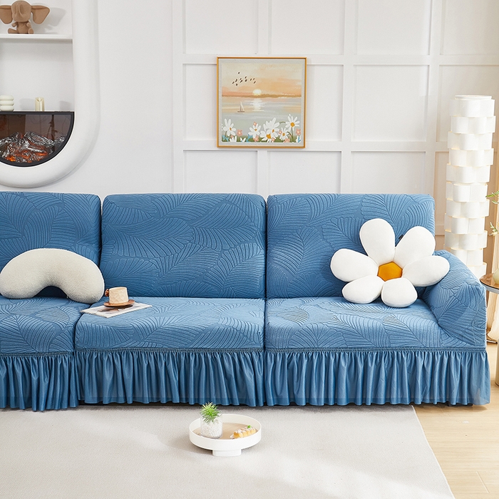 91家纺网 家纺一手货源 找家纺 丝绮鹿 2025新款雕花绒大叶子沙发套裙边款（直排） 水蓝