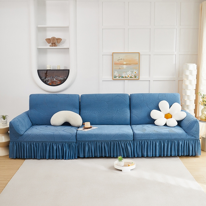 91家纺网 家纺一手货源 找家纺 丝绮鹿 2025新款雕花绒大叶子沙发套裙边款（直排） 水蓝