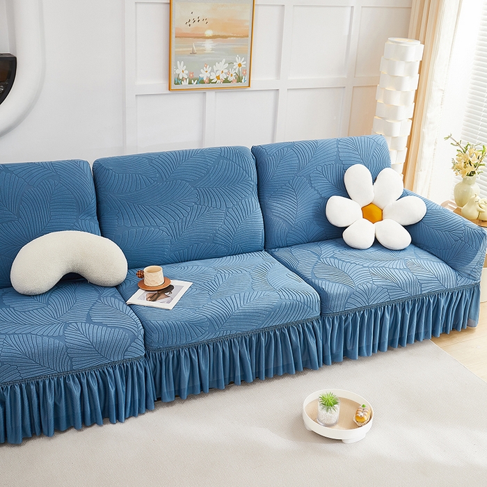 91家纺网 家纺一手货源 找家纺 丝绮鹿 2025新款雕花绒大叶子沙发套裙边款（直排） 水蓝