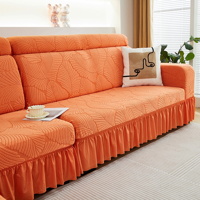 91家纺网 家纺一手货源 找家纺 丝绮鹿 2025新款雕花绒大叶子沙发套裙边款（贵妃图） 大叶子橙色