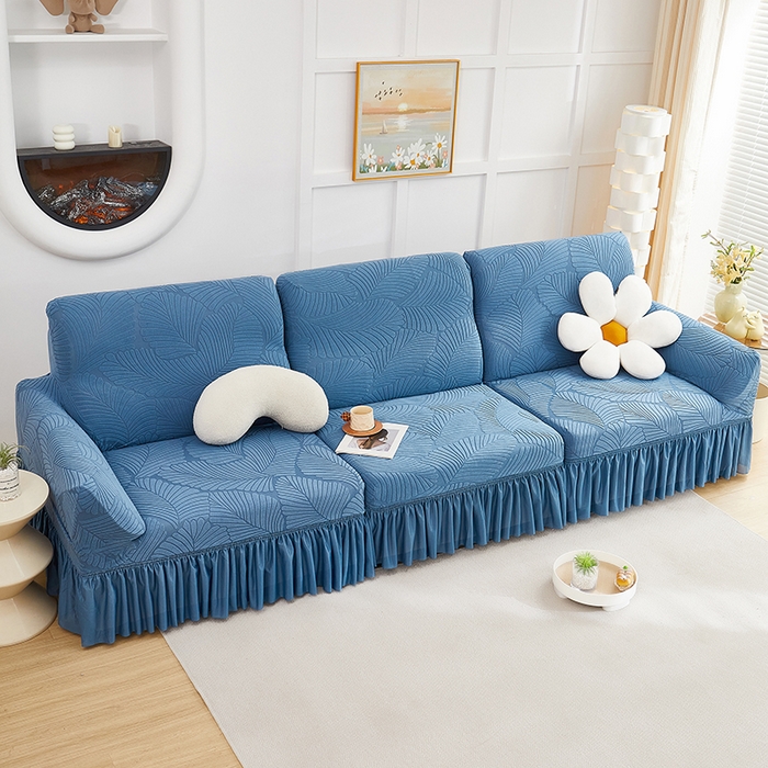 91家纺网 家纺一手货源 找家纺 丝绮鹿 2025新款雕花绒大叶子沙发套裙边款（直排） 水蓝