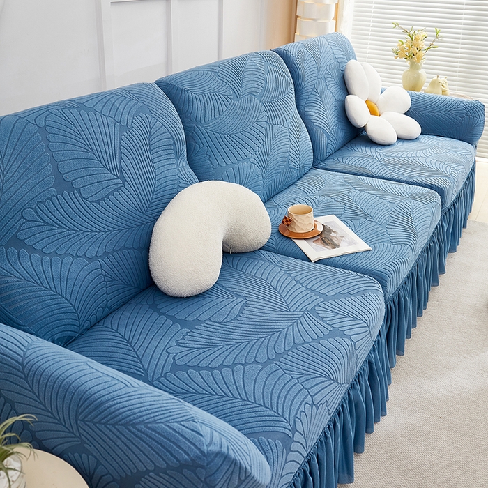 91家纺网 家纺一手货源 找家纺 丝绮鹿 2025新款雕花绒大叶子沙发套裙边款（直排） 水蓝