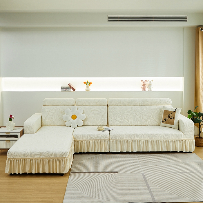 丝绮鹿 2025新款雕花绒大叶子沙发套裙边款（贵妃图） 大叶子米白