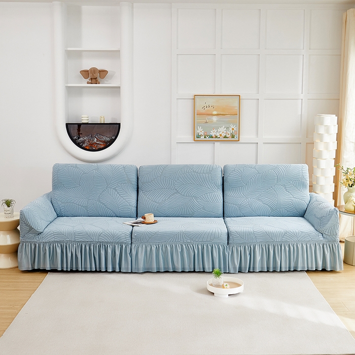 丝绮鹿 2025新款雕花绒大叶子沙发套裙边款（直排） 雾霾蓝