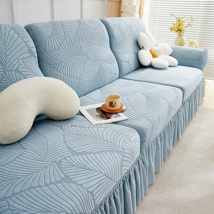91家纺网 家纺一手货源 找家纺 丝绮鹿 2025新款雕花绒大叶子沙发套裙边款（直排） 雾霾蓝