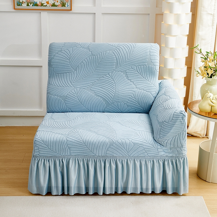 91家纺网 家纺一手货源 找家纺 丝绮鹿 2025新款雕花绒大叶子沙发套裙边款（直排） 雾霾蓝