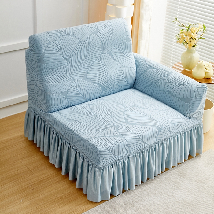 91家纺网 家纺一手货源 找家纺 丝绮鹿 2025新款雕花绒大叶子沙发套裙边款（直排） 雾霾蓝