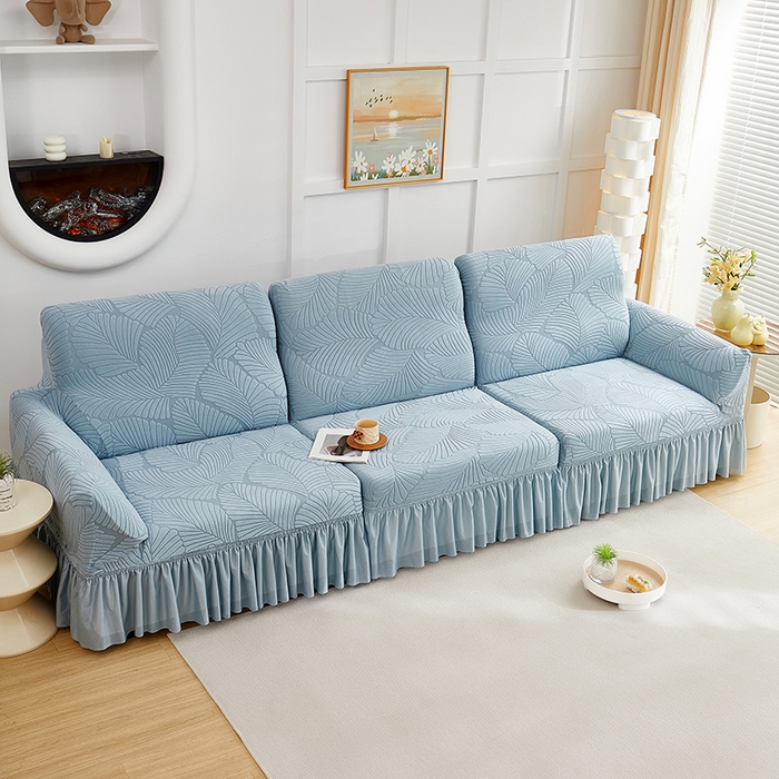 91家纺网 家纺一手货源 找家纺 丝绮鹿 2025新款雕花绒大叶子沙发套裙边款（直排） 雾霾蓝