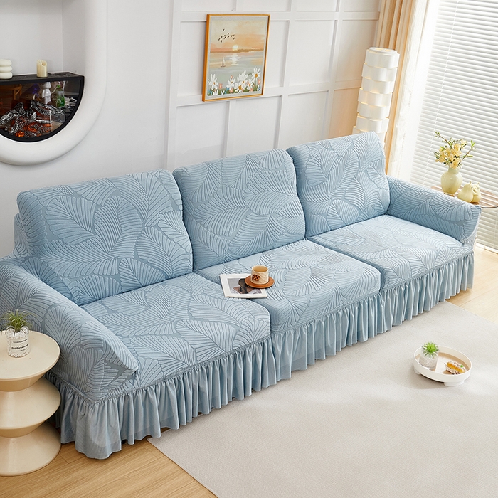 91家纺网 家纺一手货源 找家纺 丝绮鹿 2025新款雕花绒大叶子沙发套裙边款（直排） 雾霾蓝