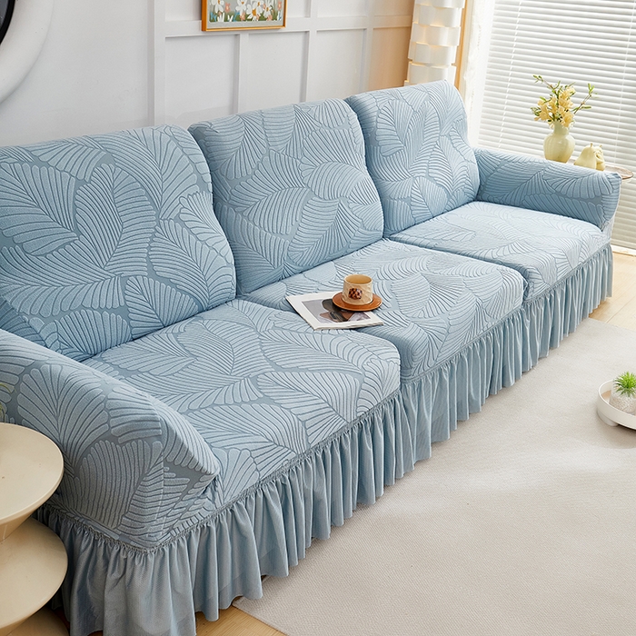 91家纺网 家纺一手货源 找家纺 丝绮鹿 2025新款雕花绒大叶子沙发套裙边款（直排） 雾霾蓝
