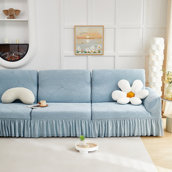 91家纺网 家纺一手货源 找家纺 丝绮鹿 2025新款雕花绒大叶子沙发套裙边款（直排） 雾霾蓝